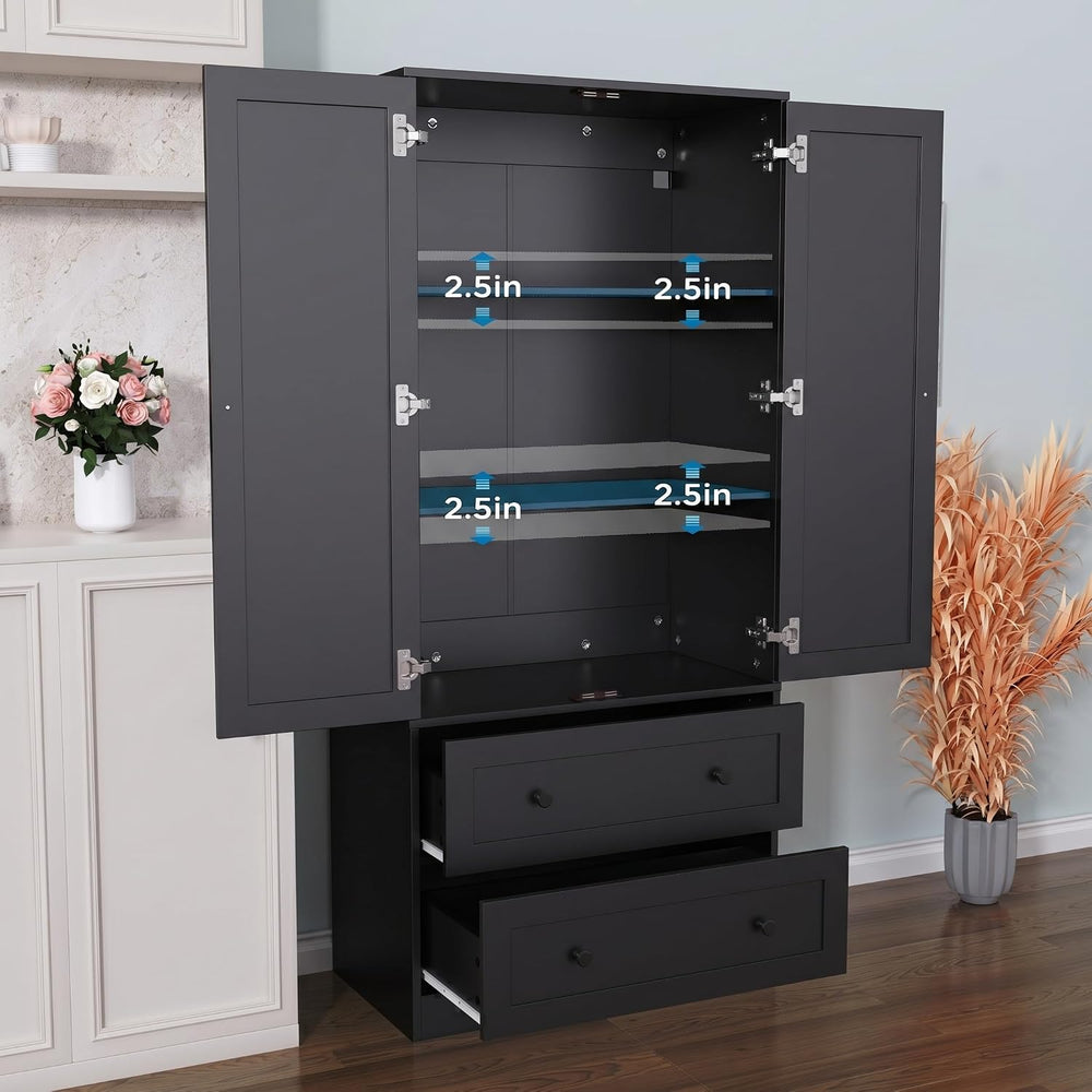 DIYART 64.2" Tall Black Kitchen Pantry, Storage Cabinet with Doors and D...