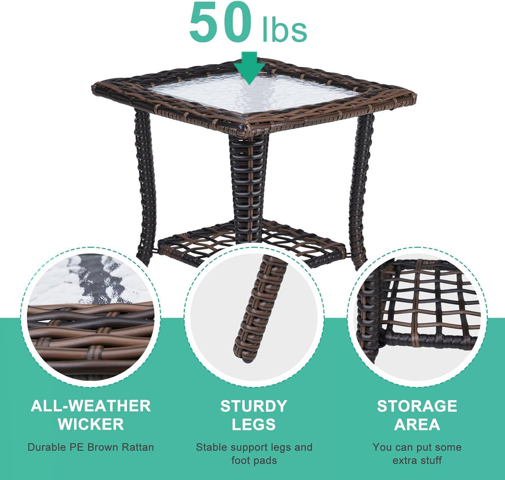 VINGLI Outdoor Side Table with Storage Wicker Patio Side Table, Tempered Glas...