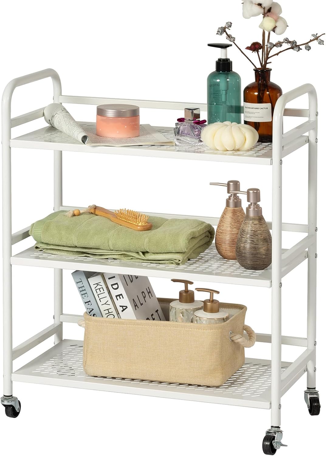 HDANI 3 Tier Metal Rolling Heavy Cart Supports 40 Lbs Per Tier,Mesh Rolling Cart with 2 Lockable Wheels for Office,Home,Bedroom,Kitchen,Bathroom(White)