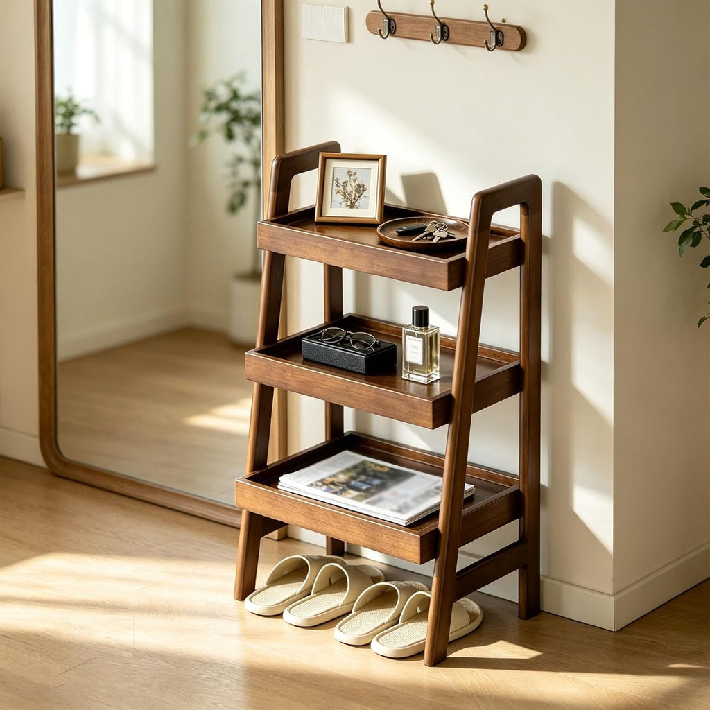 100% Solid Wood 3-Tier Ladder Shelf with Stable Frame for Saving Space | Compact Narrow Standing Ladder Shelves,Ladder Bookshelf with Anti-Slip Edges for Living Room Bedroom Couch