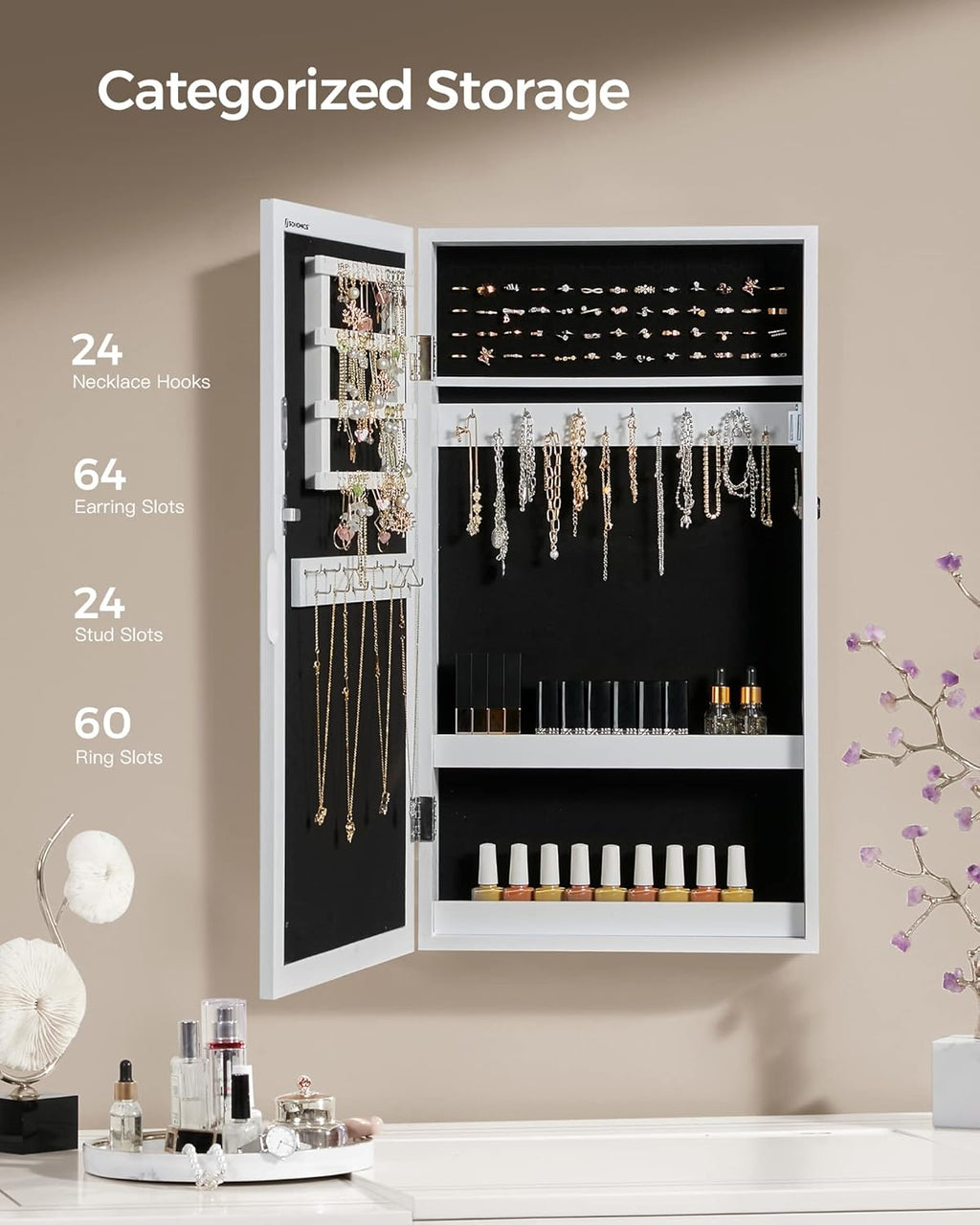 SONGMICS Lockable Jewelry Cabinet Armoire with Mirror, Wall-Mounted Space Saving Jewelry Storage Organizer, Christmas Gift, White UJJC51WT