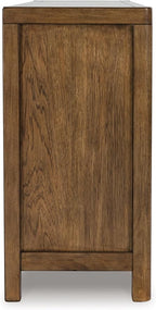 Signature Design by Ashley Cabalynn Farmhouse Glazed 2-Door Dining Server with Adjustable Shelves and 3 Drawers, Light Brown