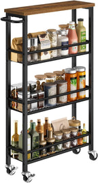 Pipishell Slim Storage Cart with Wheels - 4 Tier Rolling Kitchen Storage Cart with Handle and Wood Top, Metal Slim Bathroom Cart for Laundry Room, Bathroom, Kitchen, Narrow Space, Black & Rustic Brown