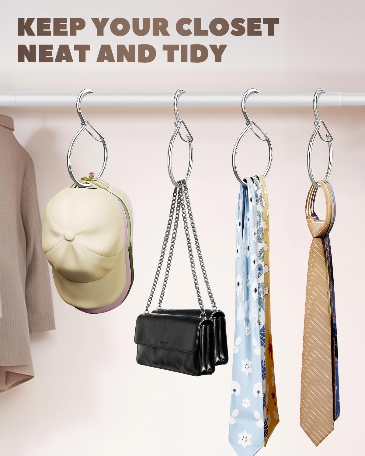 4 Pack Belt Hanger, Tie Hanger & Belt Organizer, Waterproof Belt Hanger for Closet, Ties, Scarves, Bags & Accessories, Keeps Closet Neat & Organized, Silver