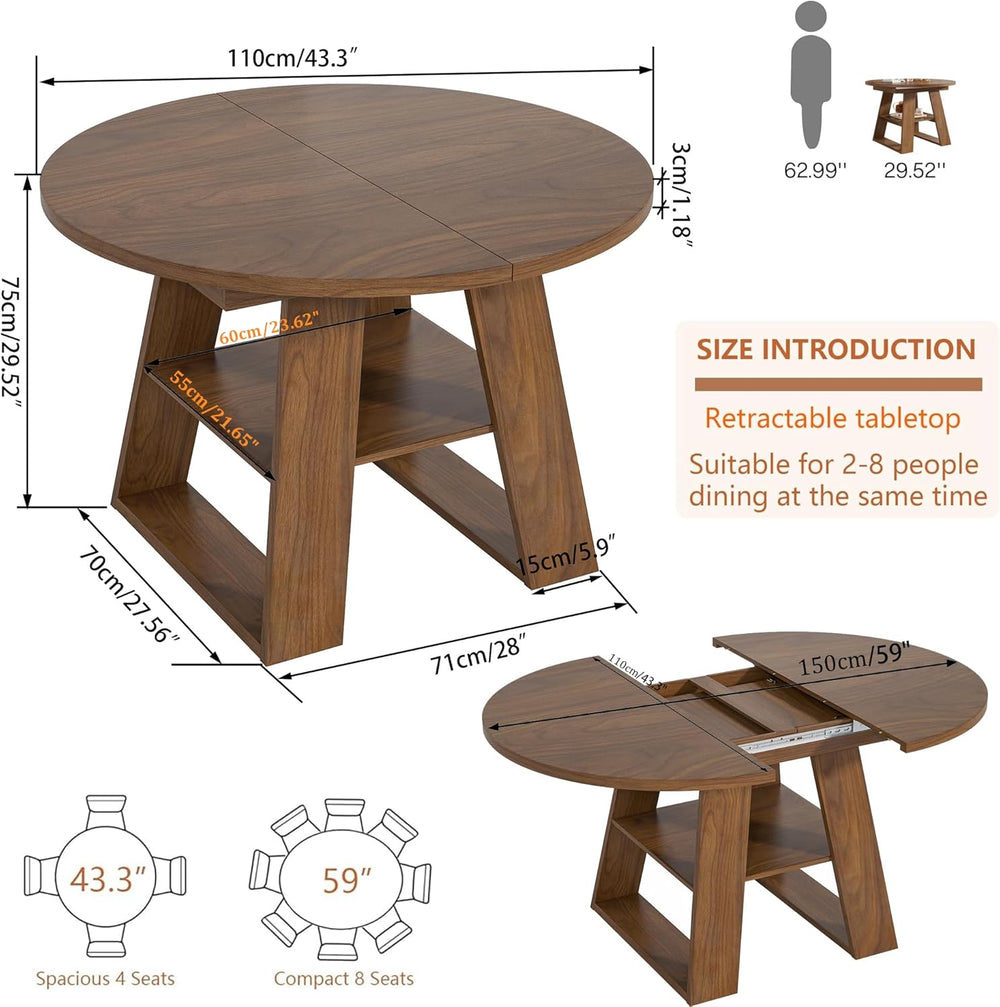 43.3in-59in Extendable Round Dining Table for 4-8, Modern Kitchen Oval Dining...