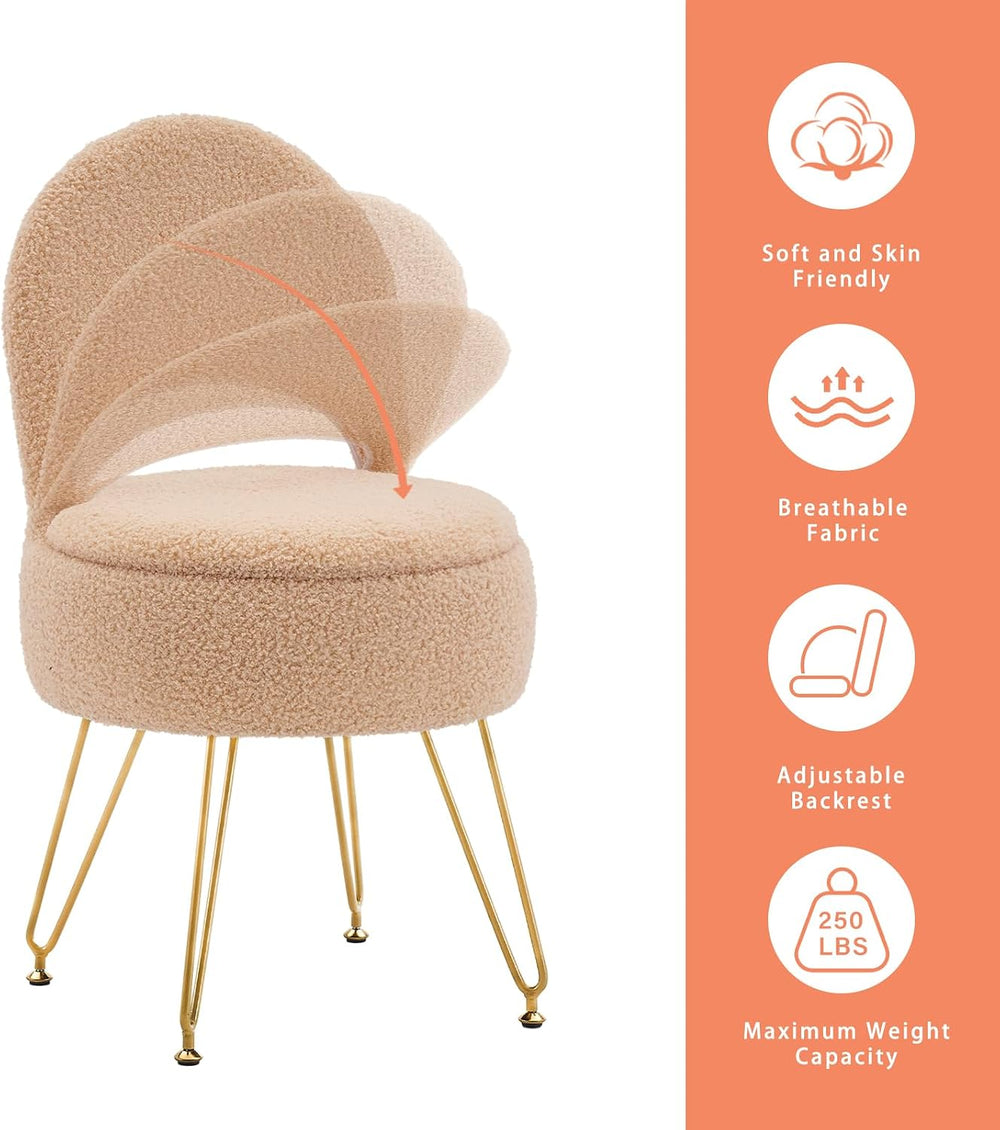 Vanity Stool Chair with Storage and Folding Back, Round Ottoman, Multifunctio...