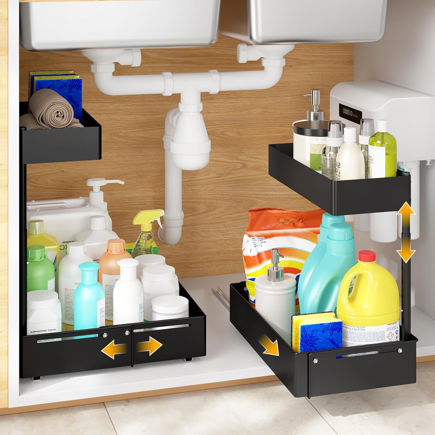 2Packs Under Sink Organizer with Adjustable Height and Width, Under Cabinet Organizer to Tidy, Sturdy Metal Design for Kitchen and Bathroom