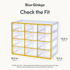 Blue Ginkgo Large 12-Drawer Cabinet – Stackable Clear Organizer for Hardware, Beads, Plastic Bricks, Office, and Craft Storage (Made in Korea, Yellow)
