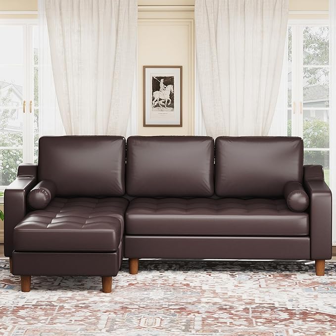 GarveeHome 88.9" L-Shape Sofa with Convertible Chaise, Sectional Leather Sofa with Deep Seat, Modern Mid-Century Sofa for Living Room, Comfy Leather Couch, Brown