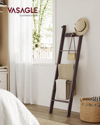 VASAGLE CUSTOS Collection - Blanket Ladder Shelf, 5-Tier Ladder Rack for Storage and Decor with 4 Removable Hooks, Decorative Farmhouse for the Living Room, Maroon Brown ULLS028K01