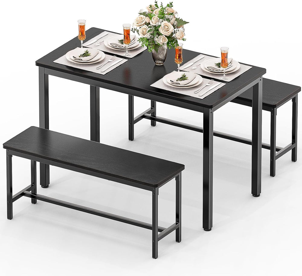 Dining Table Set for 4, Kitchen Table with 2 Benchs, Black