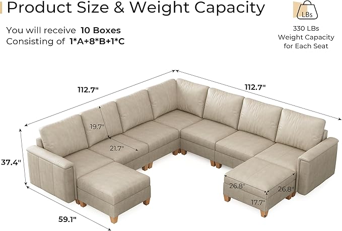 SITJOY 113" Faux Leather Modular Sectional Sofa with Storage, Mid Century Modern Sectional Couches for Living Room, Soft Padded Armrests, 9 Seat V Shaped Sectional Couch with Chaise, Greige