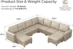 SITJOY 113" Faux Leather Modular Sectional Sofa with Storage, Mid Century Modern Sectional Couches for Living Room, Soft Padded Armrests, 9 Seat V Shaped Sectional Couch with Chaise, Greige