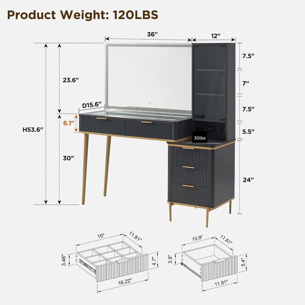 T4TREAM Fluted Makeup Vanity Desk with 36" HD Lighted Mirror, 48" B...