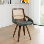 Set of 1 Swivel Rattan Dining Chair - Mid Century Modern Dining Chair with Bentwood Frame, Ergonomic Cane Back, Curved Arms, Faux Leather Swivel Chair for Kitchen/Restaurant (Walnut Green, Set of 1)