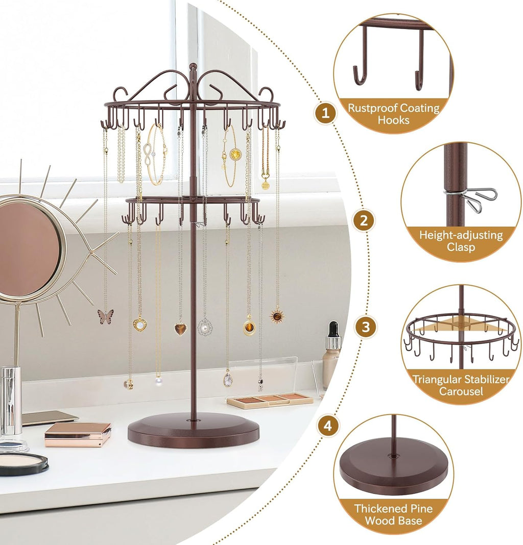 iDavosic.ly 2 Tier Rotating Necklace Holder Organizer with 42 Hooks, Adjustable Metal Bracelet Display Stand Rack, Extra Tall Keychain Spinning Tree Tower for Women, Espresso Brown