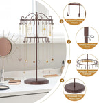 iDavosic.ly 2 Tier Rotating Necklace Holder Organizer with 42 Hooks, Adjustable Metal Bracelet Display Stand Rack, Extra Tall Keychain Spinning Tree Tower for Women, Espresso Brown