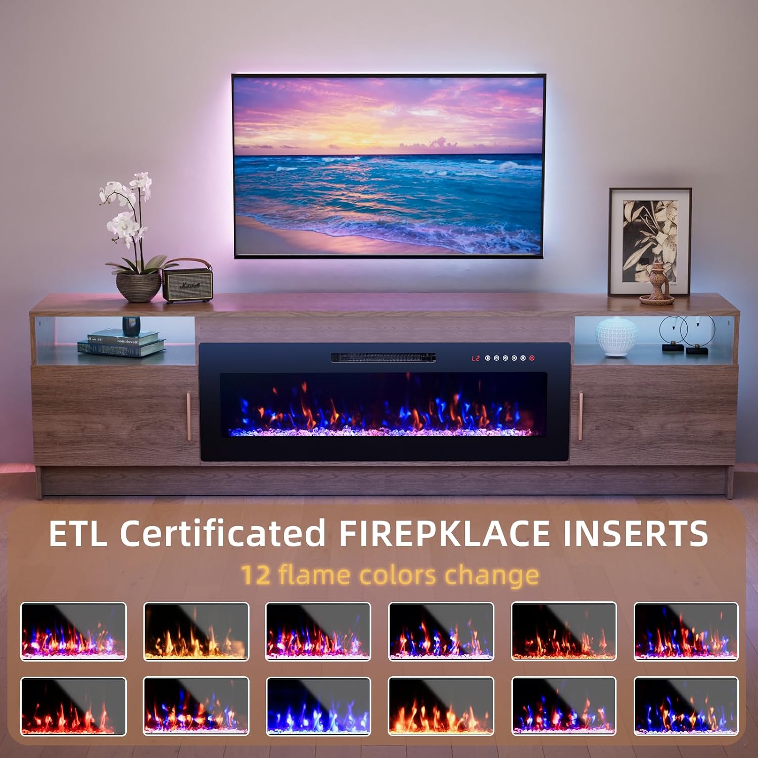 80'' Fireplace TV Stand, LED Entertainment Center Up to 90" TVs, Dark Brown | High Glossy Doors, 42'' Fireplace, Modern Media Console for Living Room