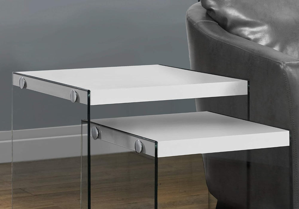 Set of 2 Square Nesting Tables with Sturdy Tempered Glass Base & Glossy W...