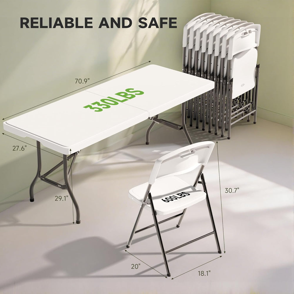 6FT Folding Table Set with 6 Chairs – Heavy-Duty 330 lb Table & 600 lb Ch...