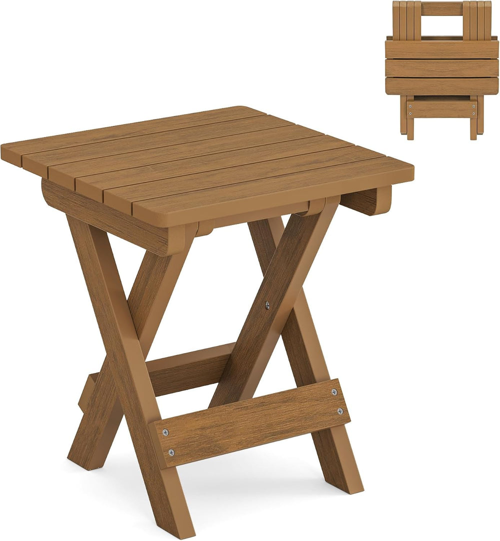LUE BONA Small Outdoor Folding Side Table, 14 Inch, Teak Color Oil Printed
