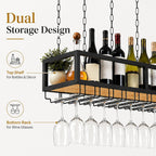 Ceiling Wine Glass Rack - Hanging Wine Rack with Glass Holder and Shelf, Height Adjustable Industrial Hanging Wine Bottle Holder, Black Metal Ceiling Shelf for Bar Cafe Kitchen (47.2×9.8×8.6in)
