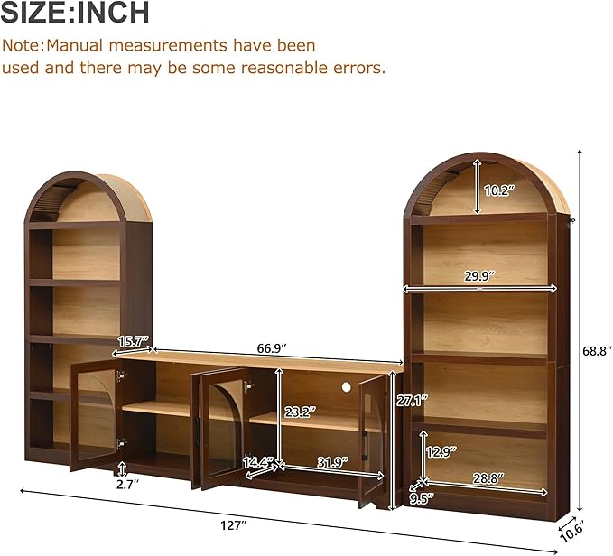 3-Piece Retro TV Stand Set with Bookshelf, Entertainment Center with Arched Design for TVs up to 70'', Farmhouse Media Console with Tempered Glass Doors for Living Room, Walnut