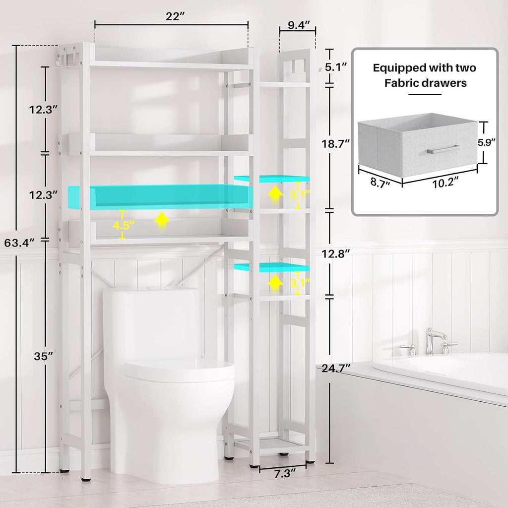 Over The Toilet Storage with 2 Drawers - 7 Tier Bathroom Organizer with Adjustable Shelf, Freestanding Space Saver Storage Rack Above Toilet Stand with 4 Hooks for Restroom, Laundry, White