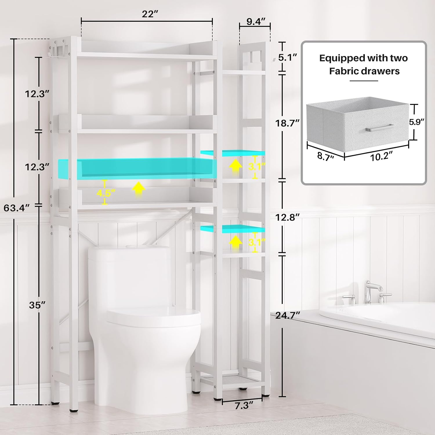 Over The Toilet Storage with 2 Drawers - 7 Tier Bathroom Organizer with Adjustable Shelf, Freestanding Space Saver Storage Rack Above Toilet Stand with 4 Hooks for Restroom, Laundry, White