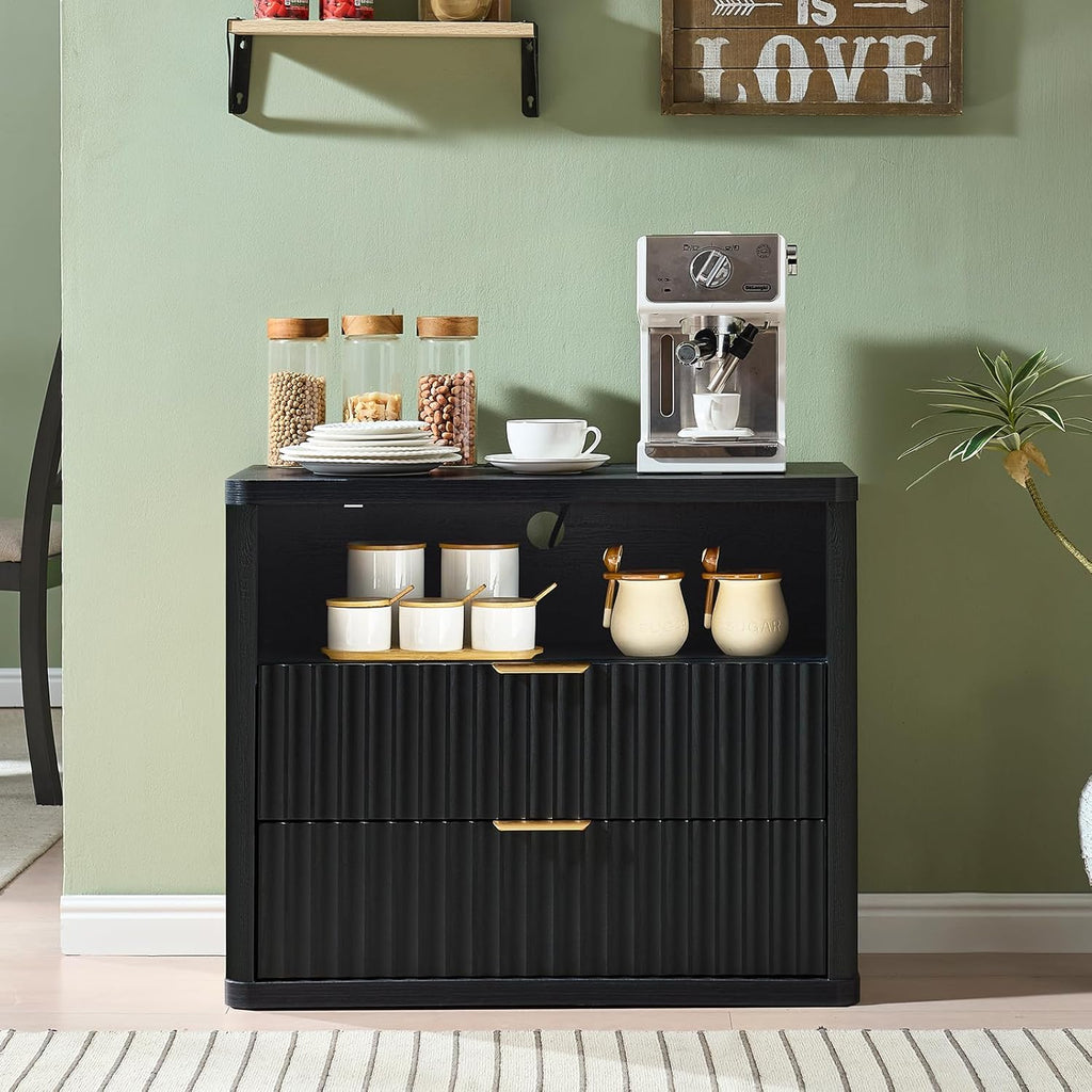 LEYAOYAO 31" Wide Fluted Night Stand Set of 2 with Charging Station, Oversized Extra Large 2 Drawers Nightstand,Black Wood Bedside Table,Tall End Tables,Modern Chest of Drawers Dressers for Bedroom