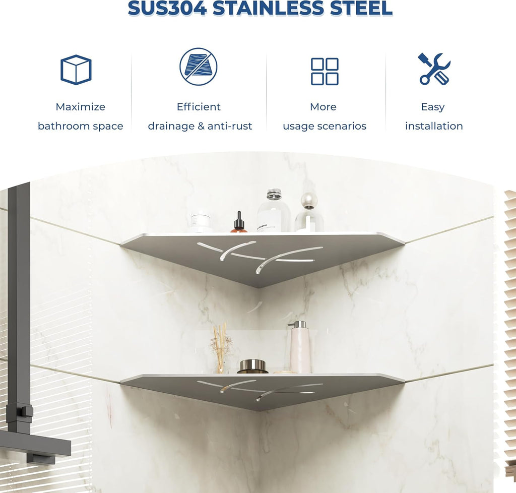 FerdY 2-Pack 10" Brushed Nickel Recessed Corner Shower Shelf, for Tiled Bathroom Walls, Floating Shower Shelf, 304 Stainless Steel Shower Caddy Storage Shelves, No Drilling Required, Irregular Diamond