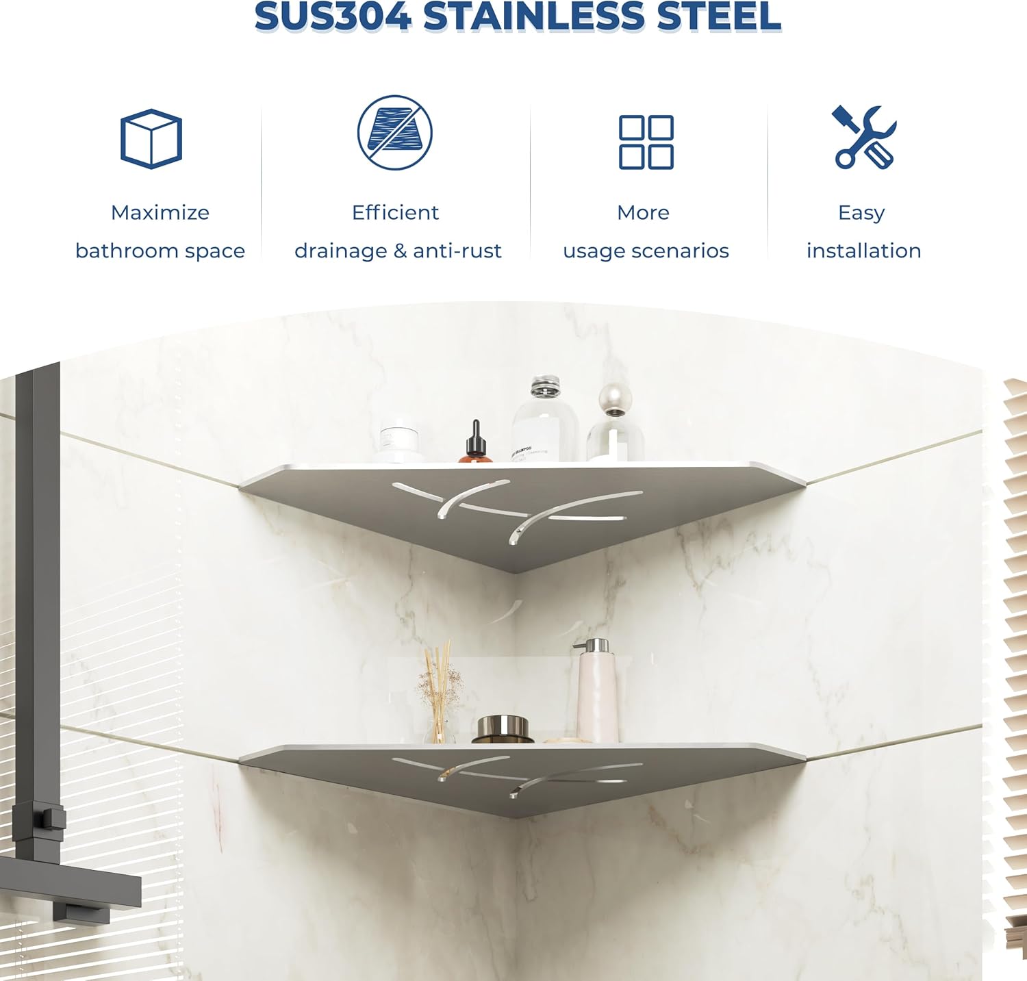 FerdY 2-Pack 10" Brushed Nickel Recessed Corner Shower Shelf, for Tiled Bathroom Walls, Floating Shower Shelf, 304 Stainless Steel Shower Caddy Storage Shelves, No Drilling Required, Irregular Diamond
