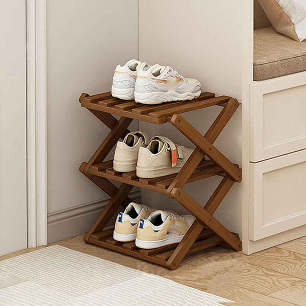 YYW Shoe Rack, Foldable Bamboo Shoes Shelf, Freestanding Shoe Storage Organiser for Entryway, Hallway, Bedroom, Closet (Brown, 3 Layers)