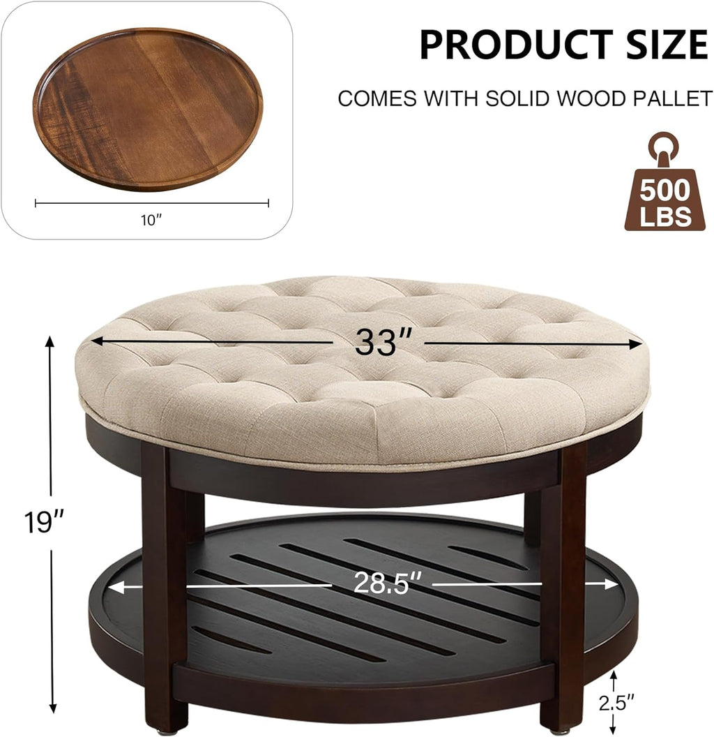 adochr Round Coffee Tables for Living Room,33’’ Storage Ottoman with Wooden Tray, Upholstered Ottoman Footrest, Light Brown