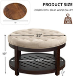 adochr Round Coffee Tables for Living Room,33’’ Storage Ottoman with Wooden Tray, Upholstered Ottoman Footrest, Light Brown