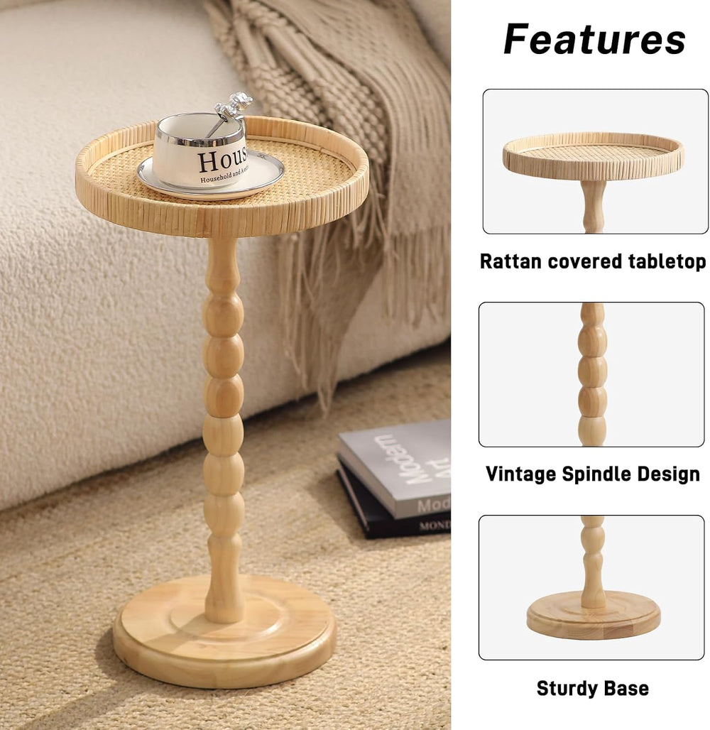 Small Side Table，Rattan Round Drink Tables for Small Spaces, Boho Circle Acce...
