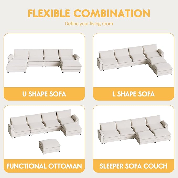 Homall 159" Modular Sectional Sofa, U Shaped Sofa Couch with Reversible Ottoman, DIY Combination Chenille Deep 4-Seat Cloud Couch for Living Room, Apartment (White, U Shaped Sofa)