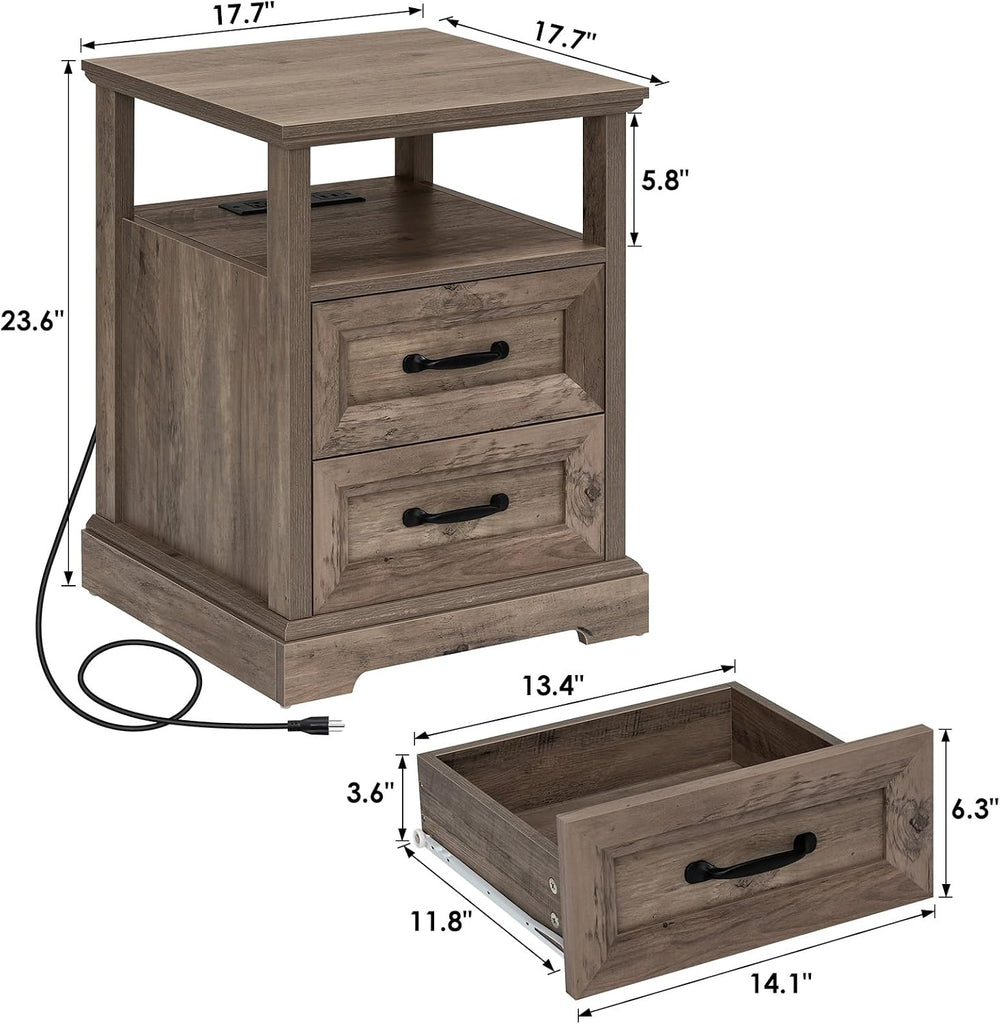 HOMMPA 18'' W Farmhouse Nightstand with Charging Station, Bedside Tab...