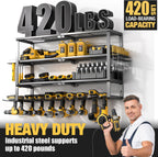 YYR Large Power Tool Organizer Wall Mount, Heavy Duty Metal Cordless Drill Storage Rack with Battery Charging Station Shelf, Utility Racks for Garage Organization, 4 Layer 10 Drills Holder Extra Tall