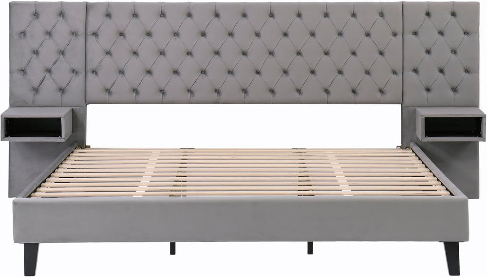 King Size Platform Bed with Headboard, Velvet Upholstered Platform Bed with 2...