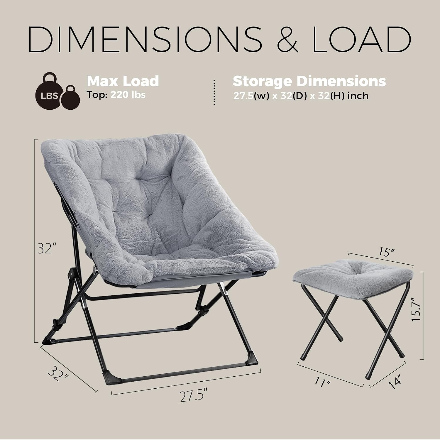 Walsham Folding Comfy Chair with Ottoman, Faux Fur Soft Cozy Lounge Reading Papasan Chair with Footrest for Adults Kids Bedroom Living Room Dorms Small Space, Gray