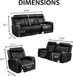 Power Recliner Sofa Set, Breathing Leather Reclining Couch Set, 3 Piece Living Room Furniture Set with LED Lights/Charging Ports/Storage for Home/Office (Black New, Sofa+Loveseat+Chair)