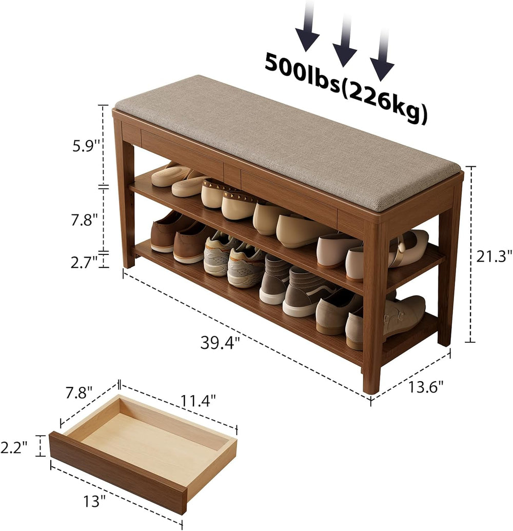 Shoe Bench with Storage, Wooden Shoe Storage Bench with Cushion&Hidden Dr...