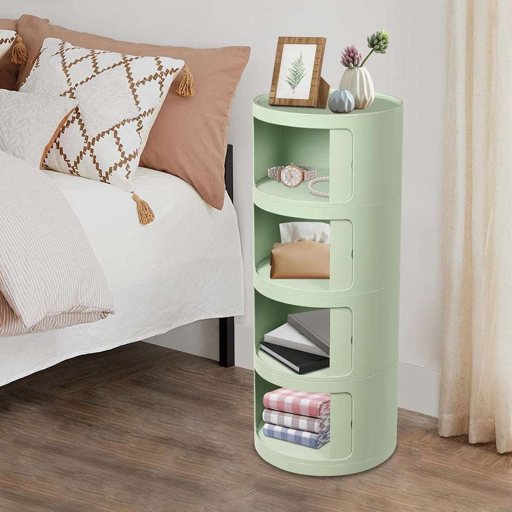 Round Nightstand, 4 Tier Circular Side Table with Sliding Doors, Modern Cylin...
