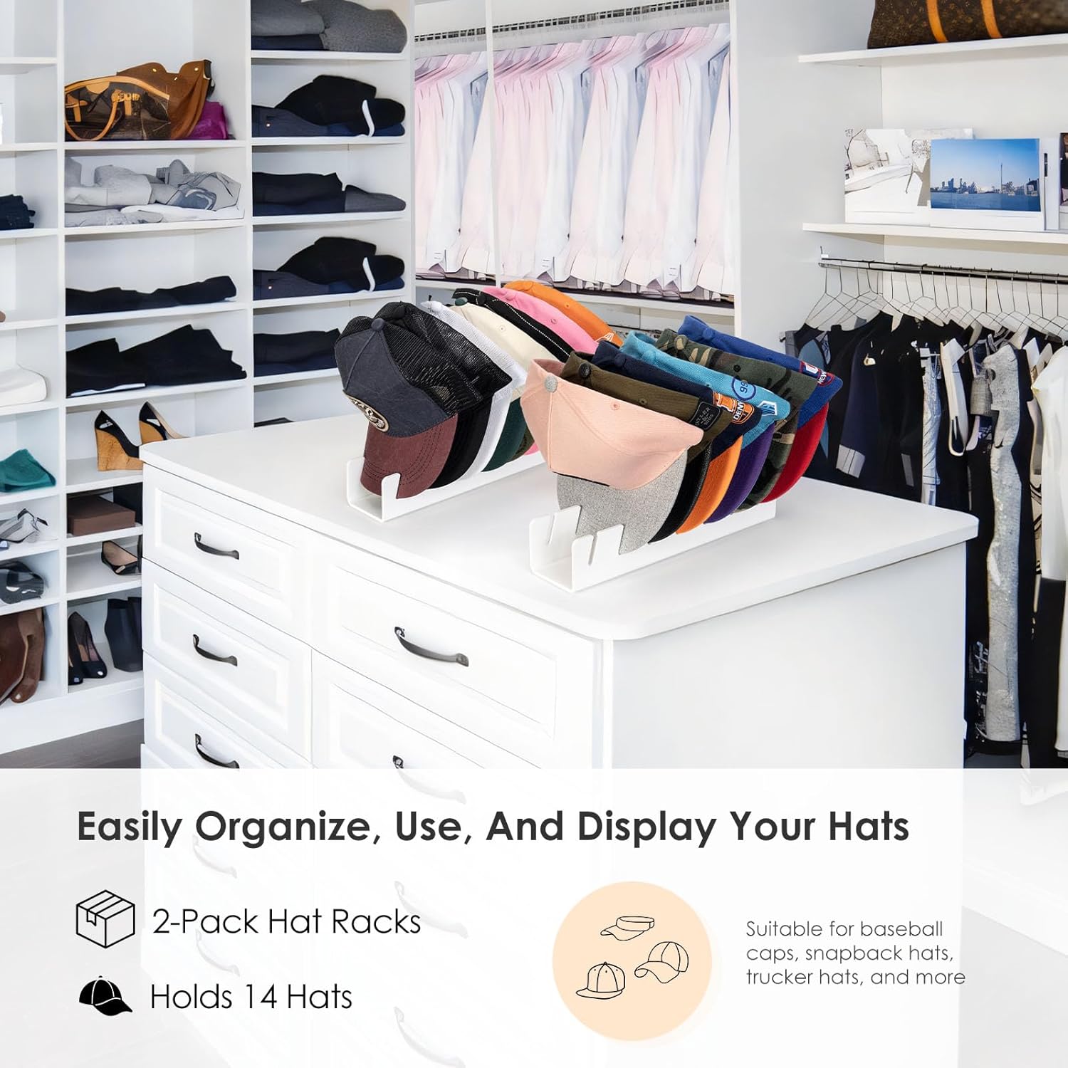 OAPRIRE Hat Stand for Baseball Caps Display and Organizer, No Install Acrylic Hat Organizer 2 Pack Holds 14 Baseball Caps for Closet, Bedroom, Dresser (White)