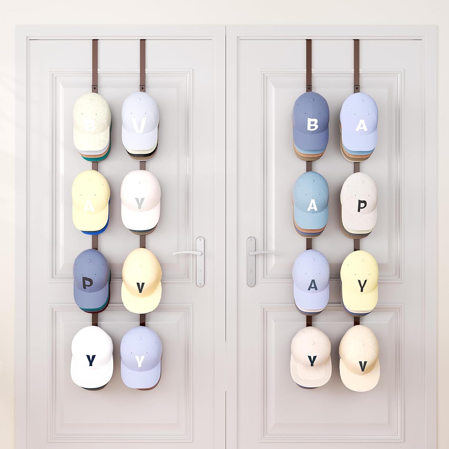 SWTYMIKI Over Door Hat Organizer - 4 Packs Metal Hanging Hat Rack with 16 Hooks Design, Baseball Cap Hanger Organizer Storage Holds up to 80 Caps for Door, Bedroom, Closet