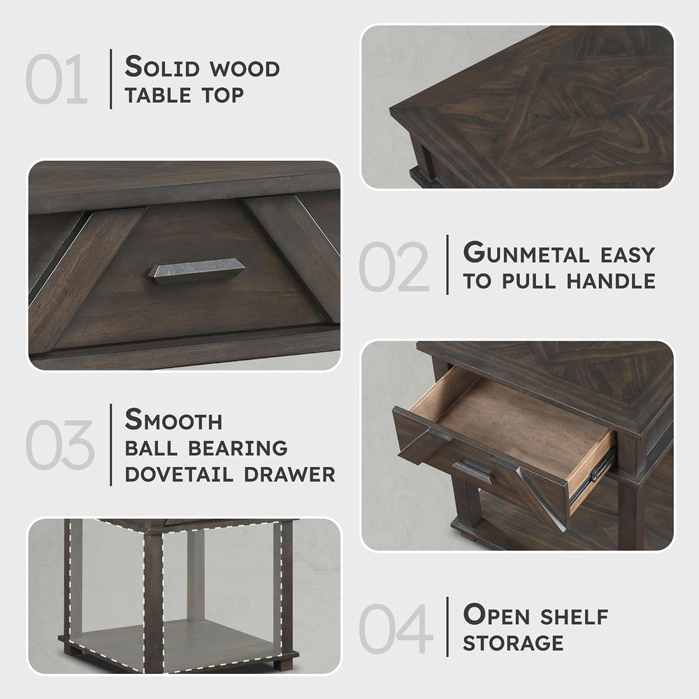 Lexicon Rectangle Wood End Table with Drawer and Lower Open Shelf, Pine Wood ...