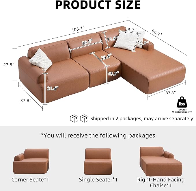 105” Modular Faux Leather Cloud Couch, Deep Seat L-Shaped Sectional with Removable Wipe-Clean Covers and Replaceable Cover Design for Living Room (Orange, 3 Seater+Right Facing Chaise)