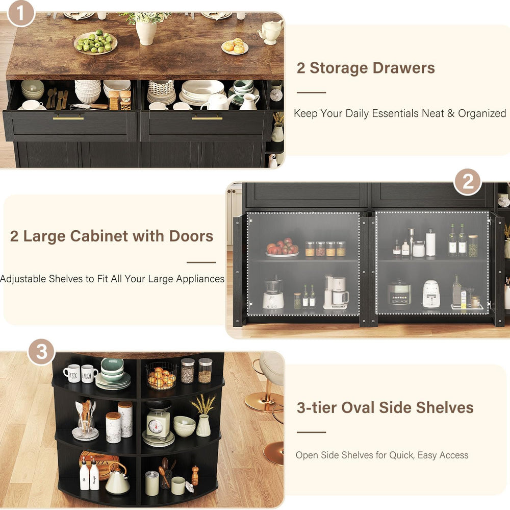 HSH 63 Inch Large Kitchen Island with Storage and Seating, Rustic Brown | Sta...