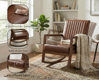 Leather Modern Rocking Chair Mid Century Armchair Upholstered Arm Chair with Padded Seat/Wood Frame, Comfy Rocker for Living Room/Bedroom, Retro Dark Brown PU